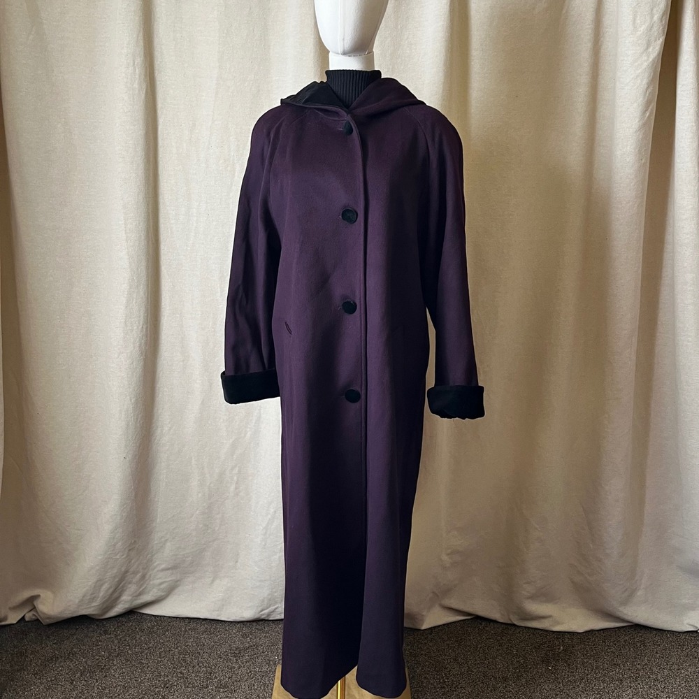 Vintage MDP Mario De‎ Pinto Plum Purple Hooded Pure Wool Long Coat M 8/10 - Picture 2 of 10